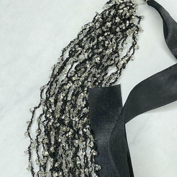 Black Multi Strand Beaded Ribbon Tie Necklace - Picture 8 of 11